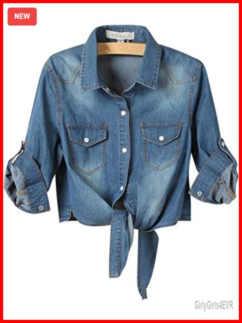 Women's Denim Shirt Roll Up 3/4 Sleeve Tie Front Knot Chambray Crop Top